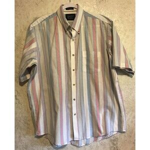 1857 Manhattan Button Shirt VTG Men XL Short Sleeve Pink Blue Stripe
